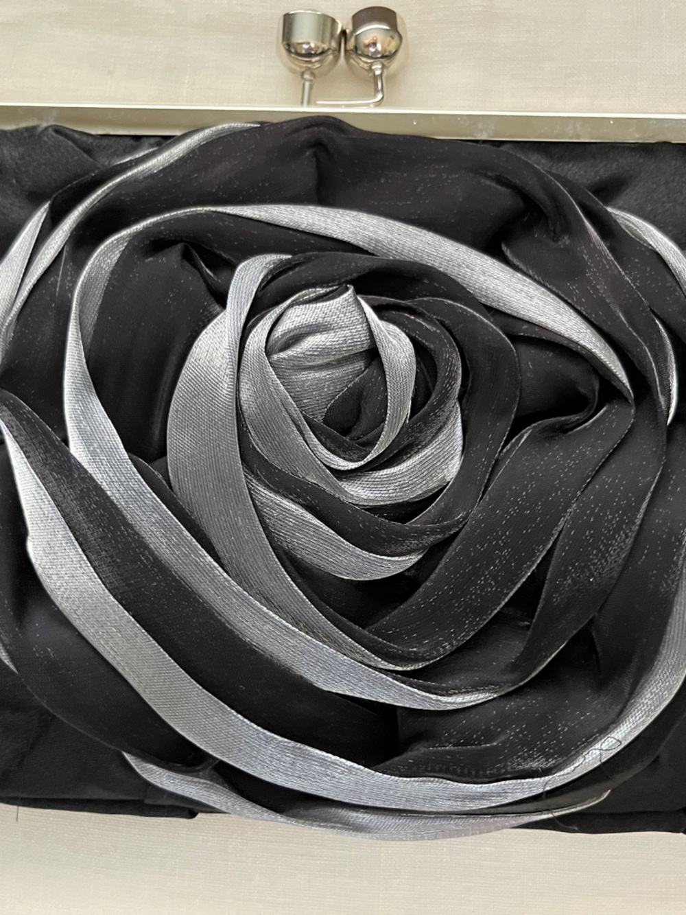 Elegant Black Satin Rose Clutch - Unbranded